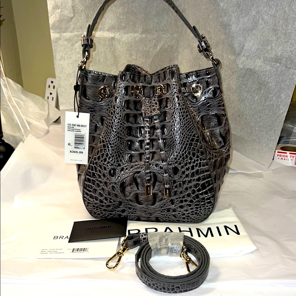 Brahmin Melinda Charcoal Zinnia Bucket bag NEW